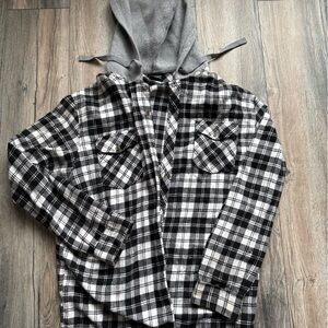 Plaid Hooded Shirt Jacket - Black and Gray